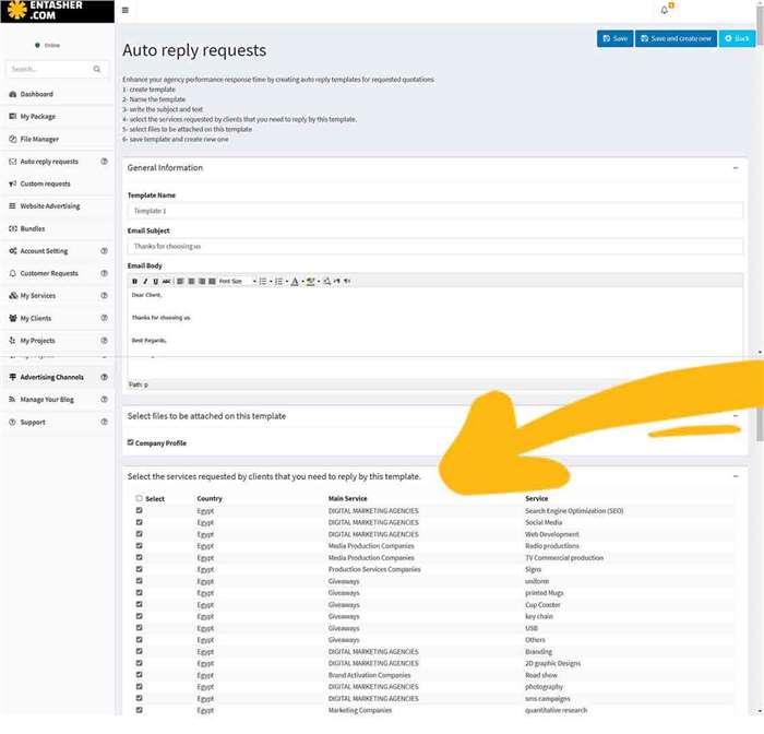7-select all types of services that might be required by clients to be replied automatically with this template including the attached files, then save